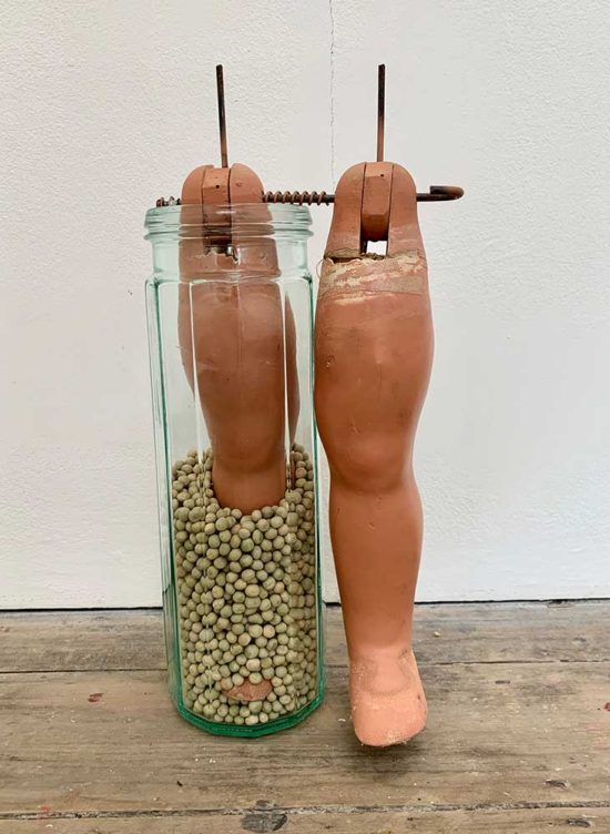 'Here I stand in a jar of peas' 2019 (mixed media, 38.5x17x11 cm)